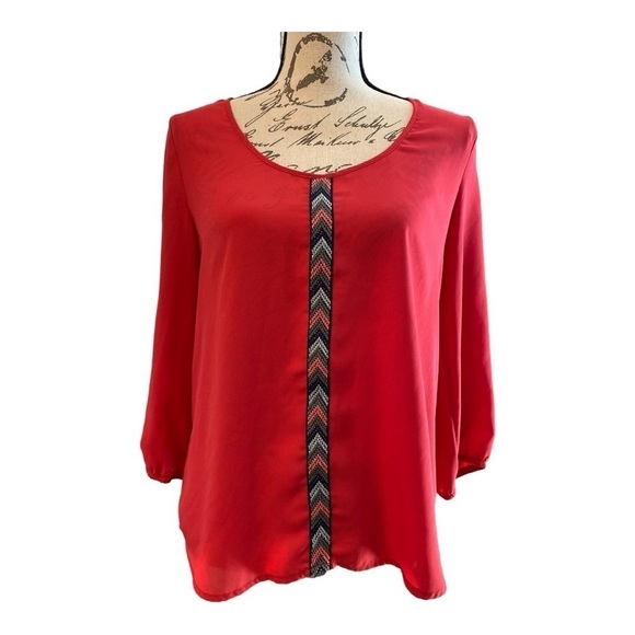 Society Girl top, size Medium. Coral red color with embroidery and full zipper. - Picture 1 of 6